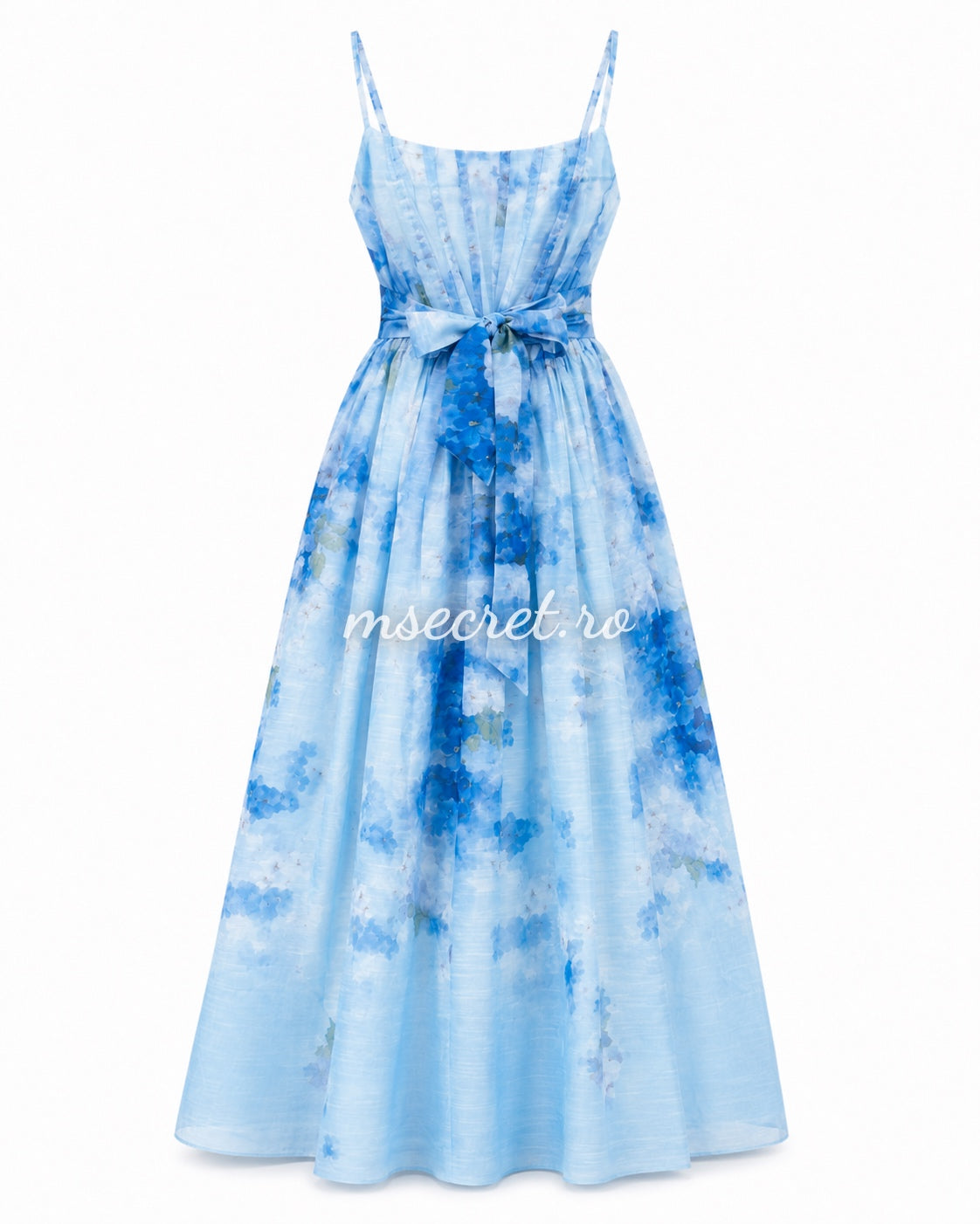 Rochie din in bleu cu imprimeu decorativ si cordon in talie