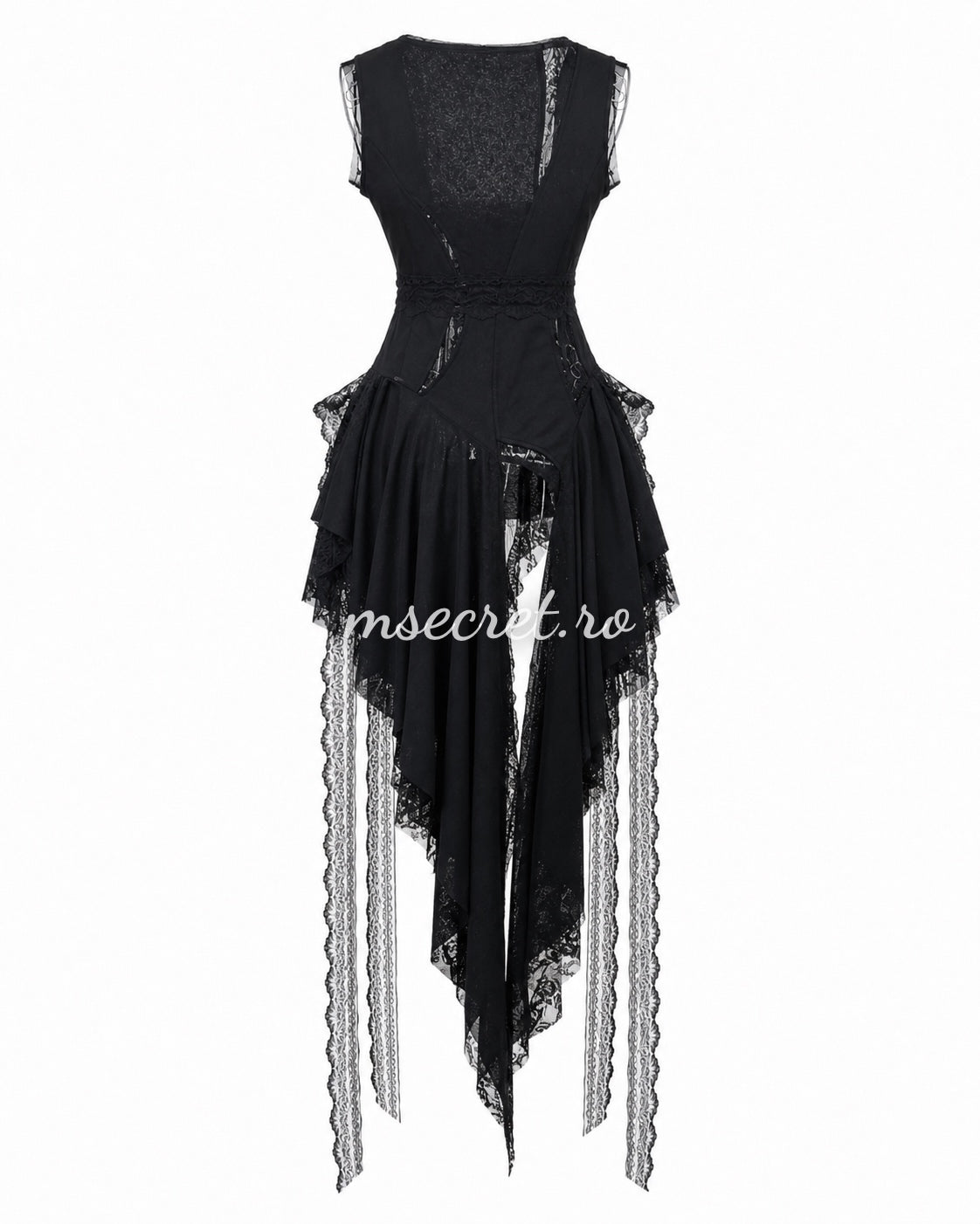 Tricou tip rochie negru asimetrica cu dantela si aplicatii tip panglici