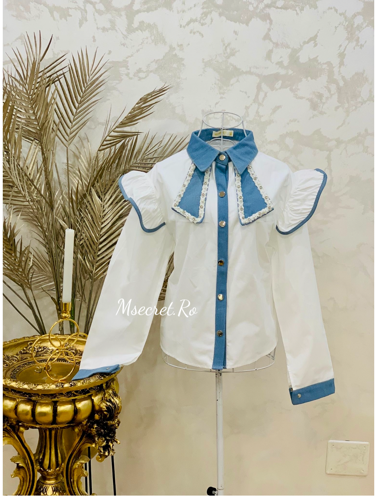 Camasa din bumbac cu maneca lunga cu pietre si denim