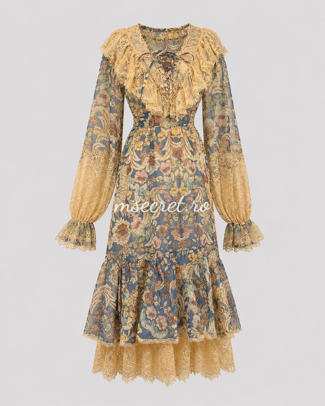 Elegant linen dress with floral print and premium lace inserts
