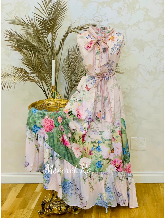 Rochie maxi roz cu imprimeu