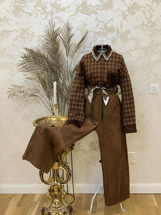 Pantaloni lungi maro cu esarfa