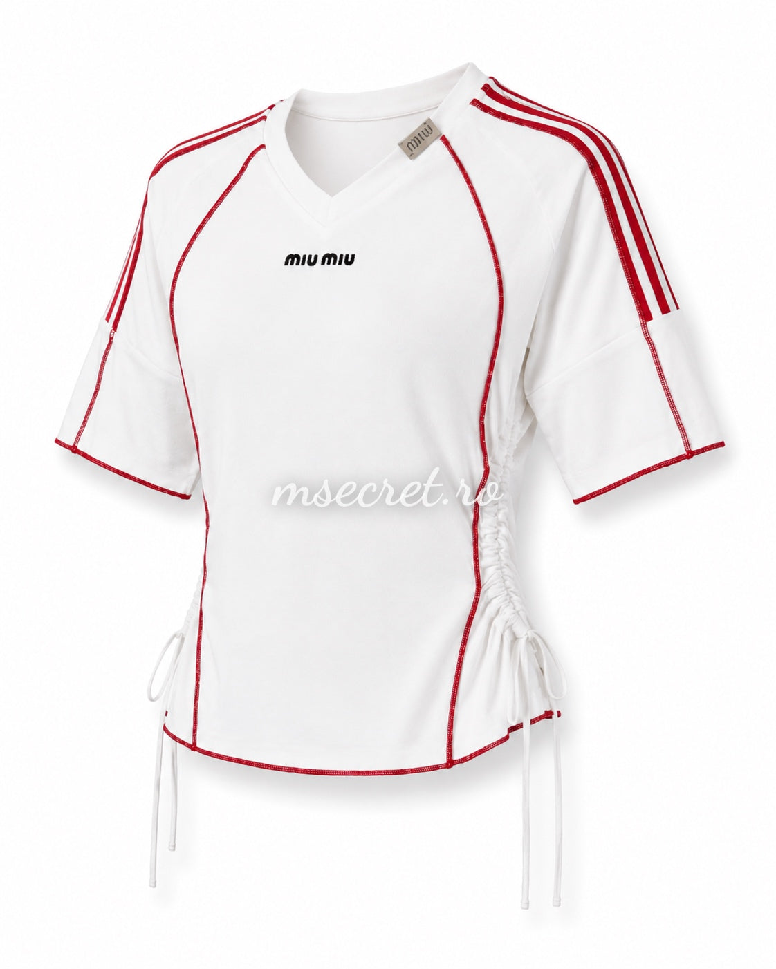 Tricou din bumbac alb cu detalii rosii si snururi laterale