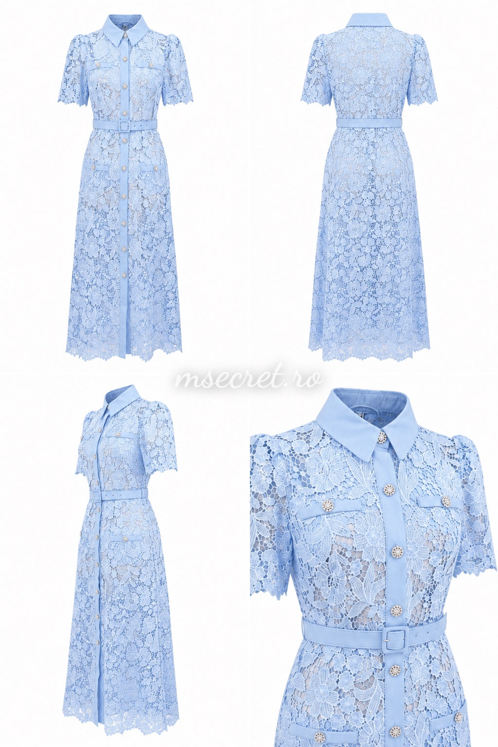 Rochie blue din dantela eleganta cu guler si cordon in talie