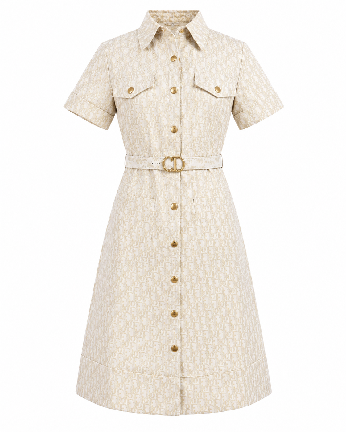 Rochie tip camasa ivory cu imprimeu monogram si detalii aurii