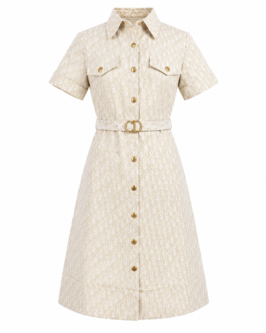 Rochie tip camasa ivory cu imprimeu monogram si detalii aurii