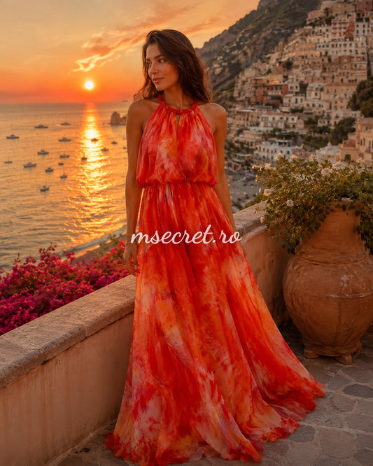 Rochie lunga rosie tie-dye cu decolteu Bardot