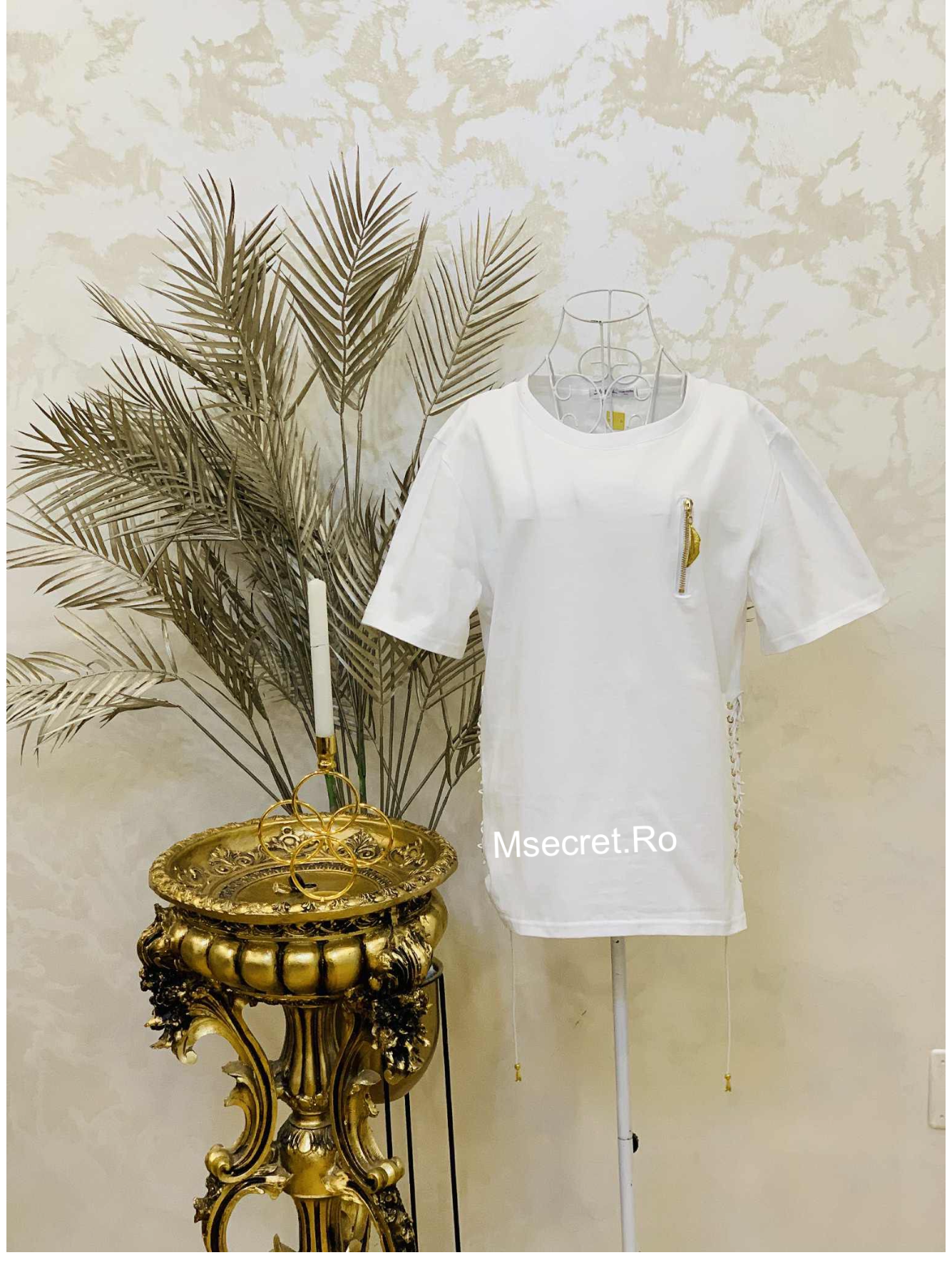 Tricou alb din bumbac cu detalii aurii