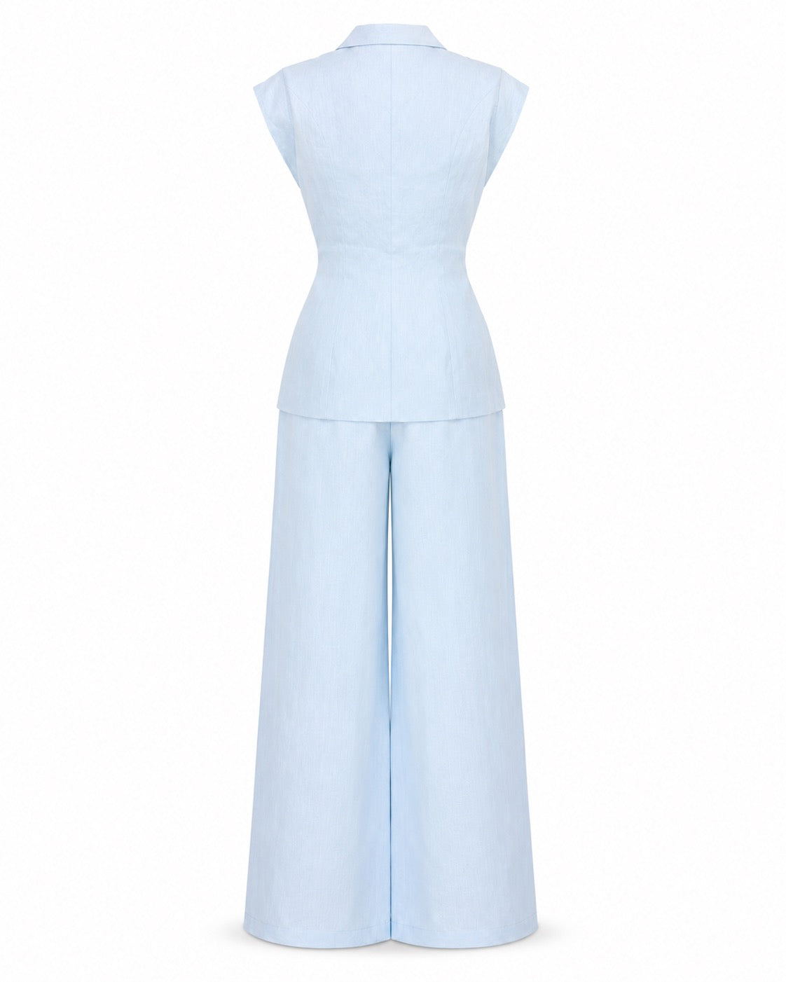 Compleu din in bleu cu vesta fara maneci si pantaloni palazzo