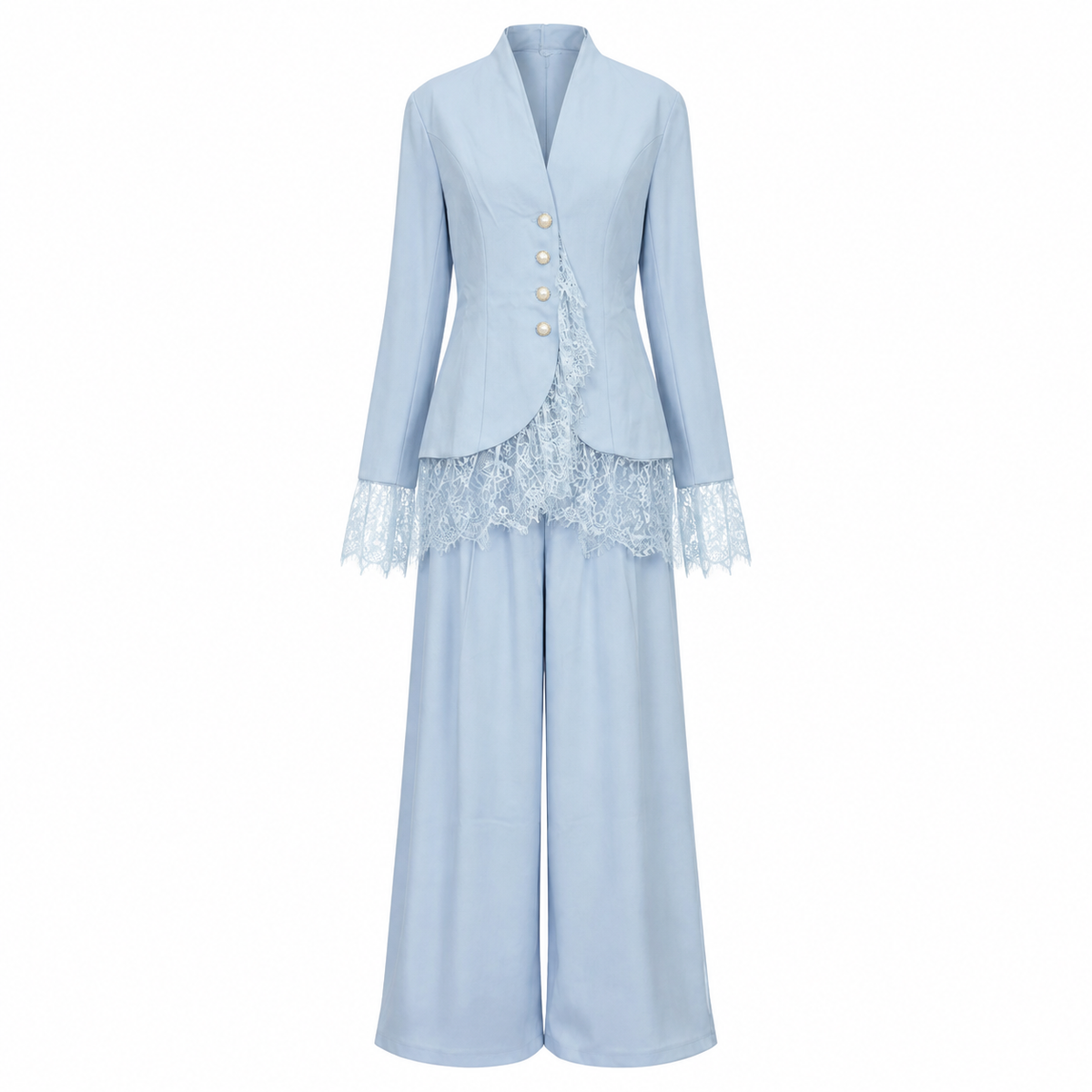 Compleu elegant baby blue cu sacou si pantaloni largi si dantela