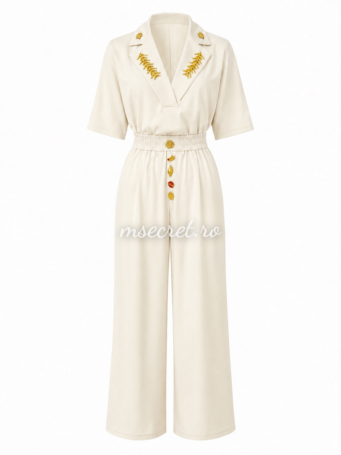 Cream set with blazer-style top and wide-leg trousers