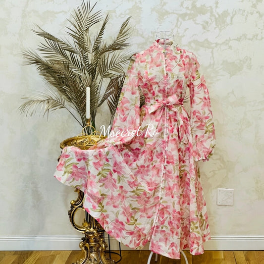 Rochie maxi din in cu imprimeu floral roz