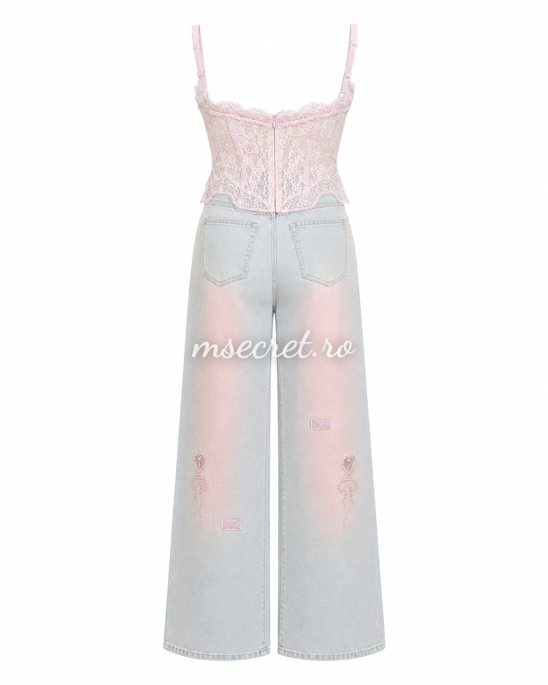 Blugi wide leg cu strasuri si insertii roz decorative