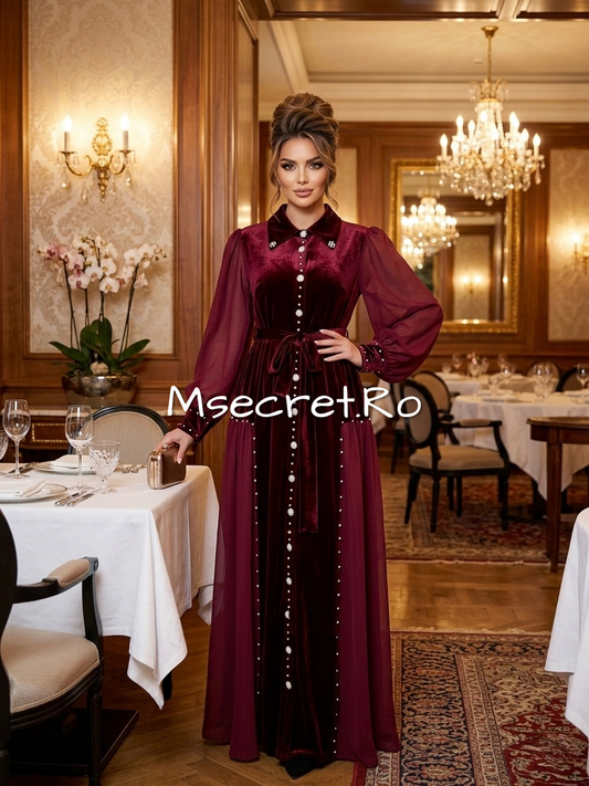Rochie burgundy din catifea midi