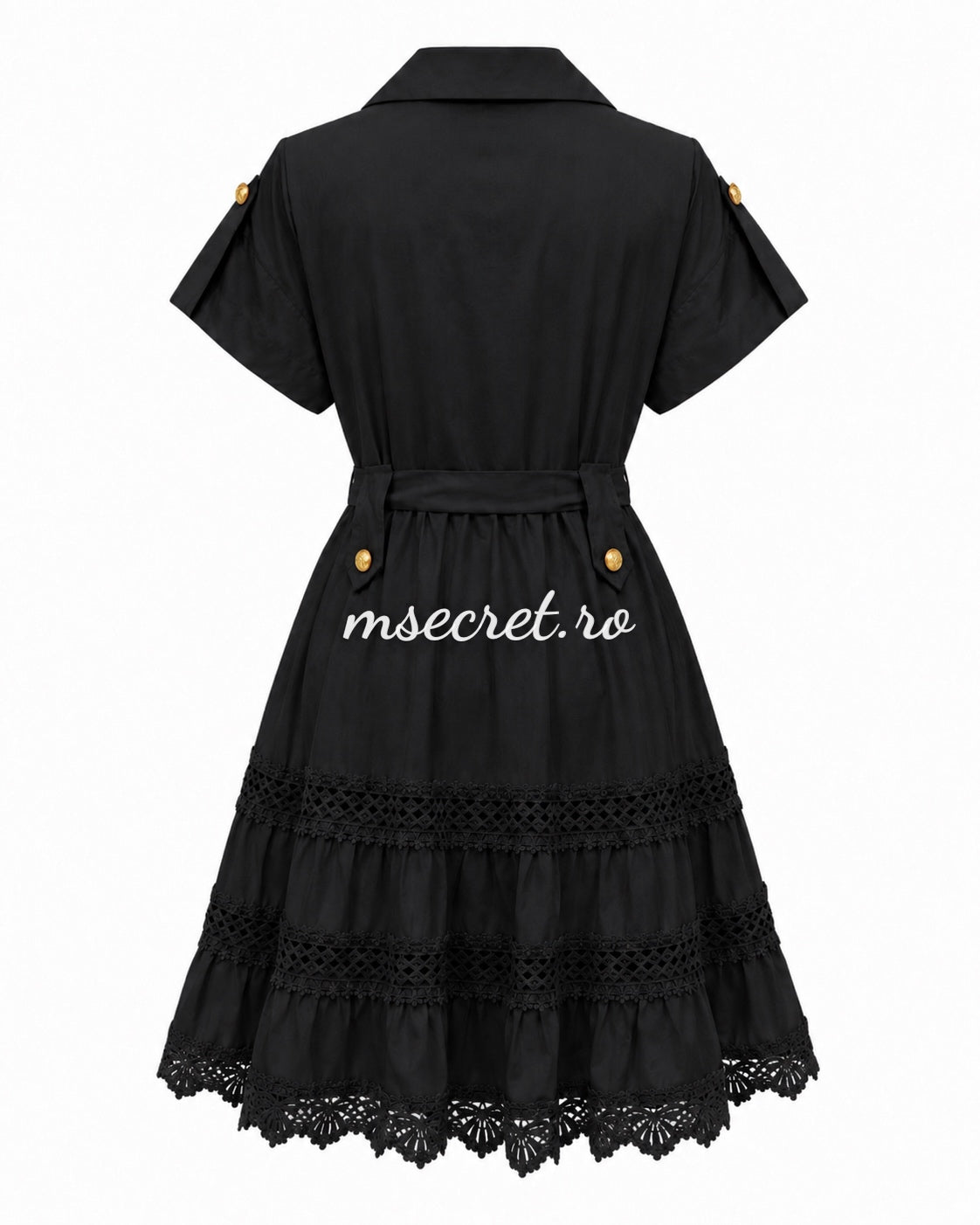 Black shirt dress with waist tie and lace inserts