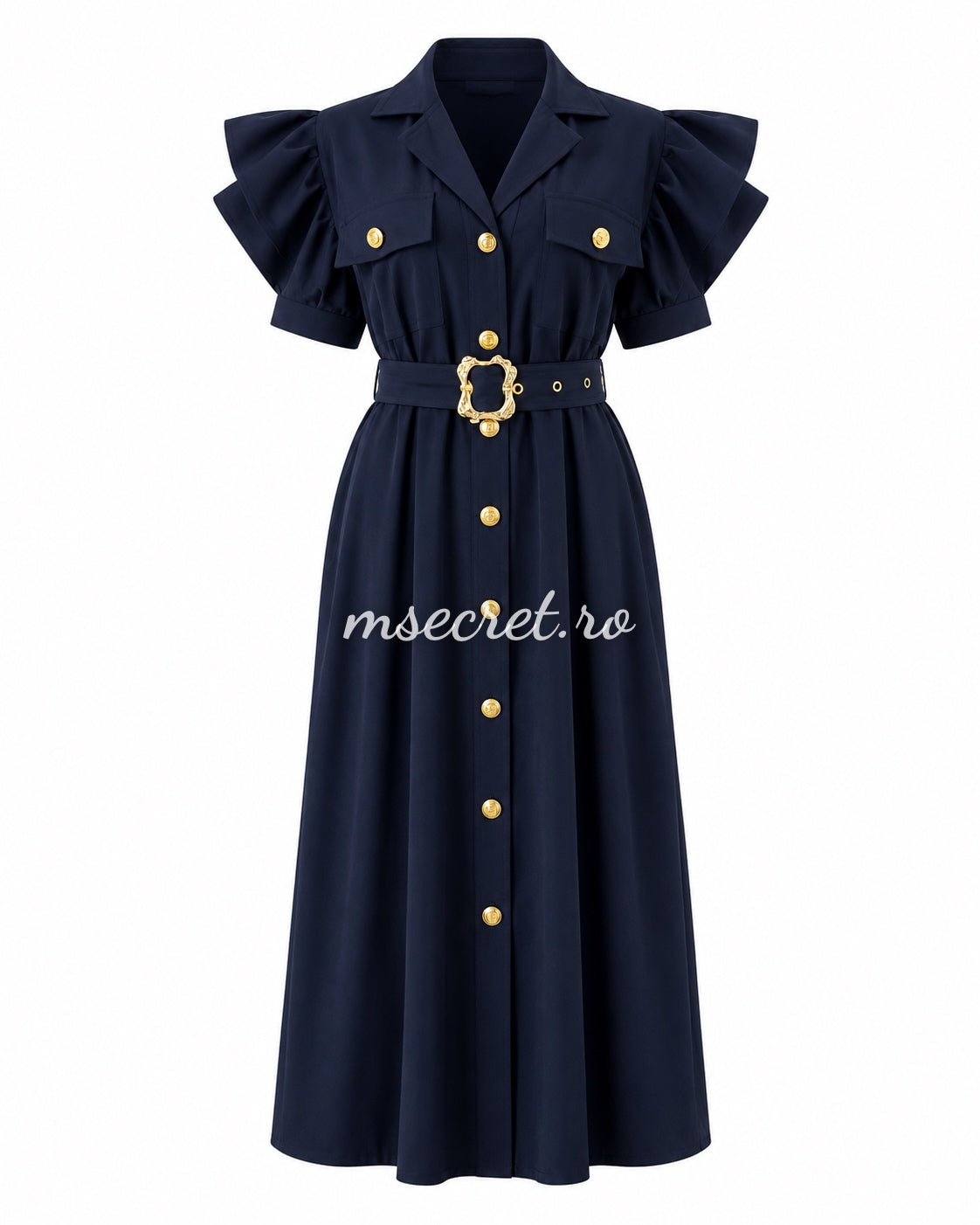 Rochie albastra midi cu volane si cordon
