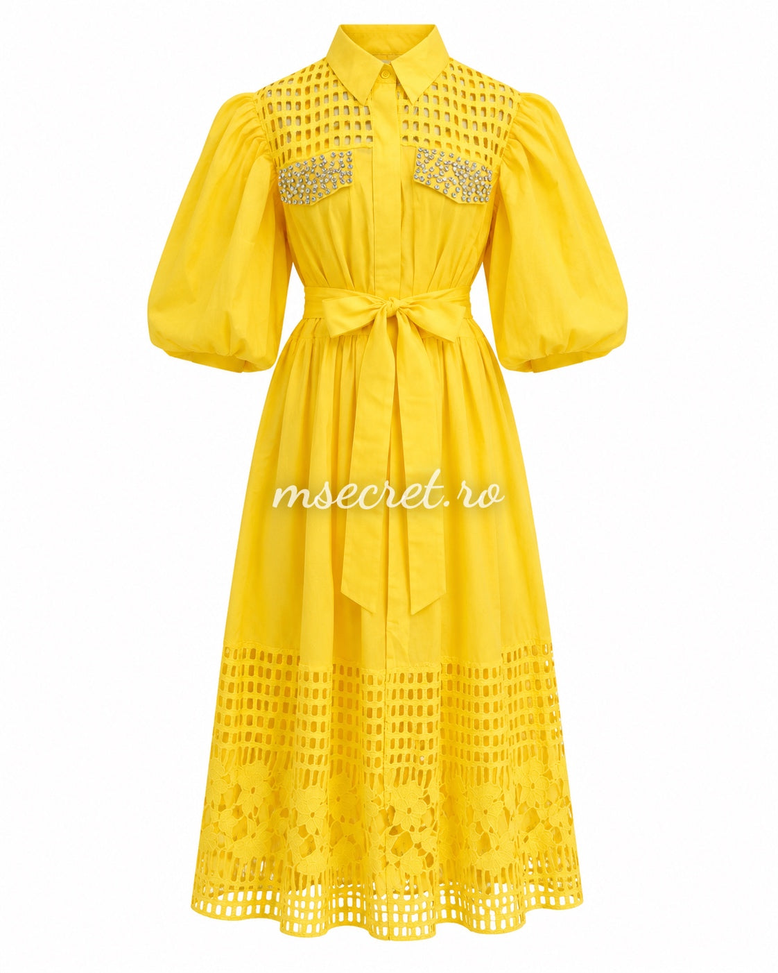Yellow dress with perforated embroidery and sparkling appliques