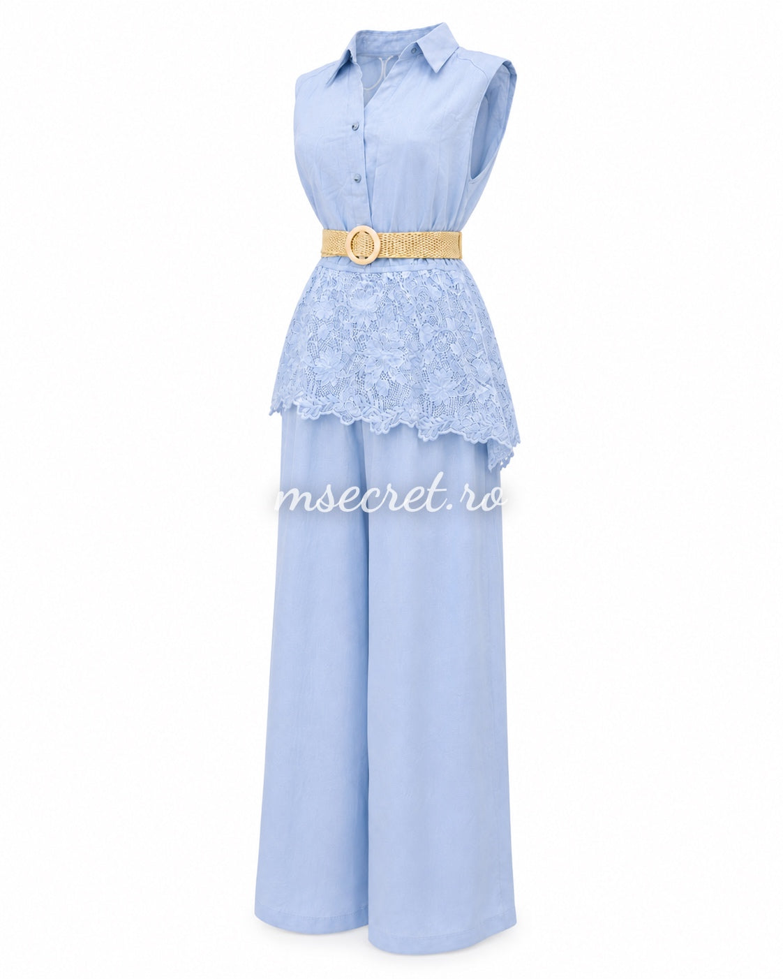 Compleu blue din in cu pantaloni largi si dantela