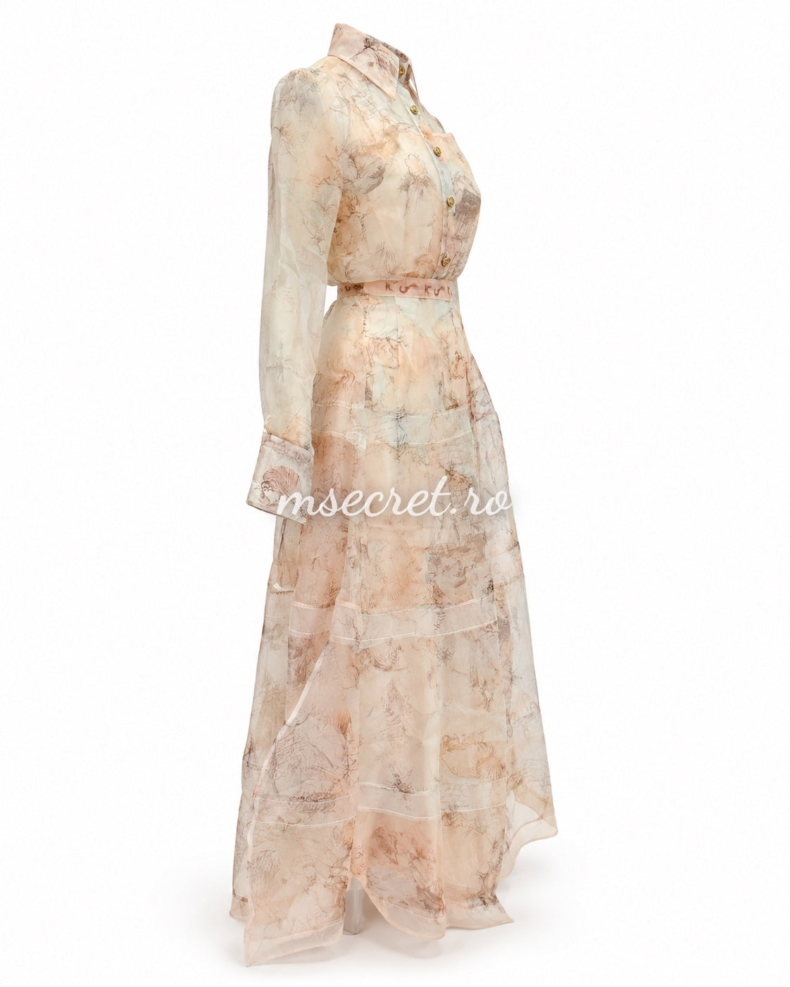 Compleu din organza cu imprimeu artistic in nuante nude