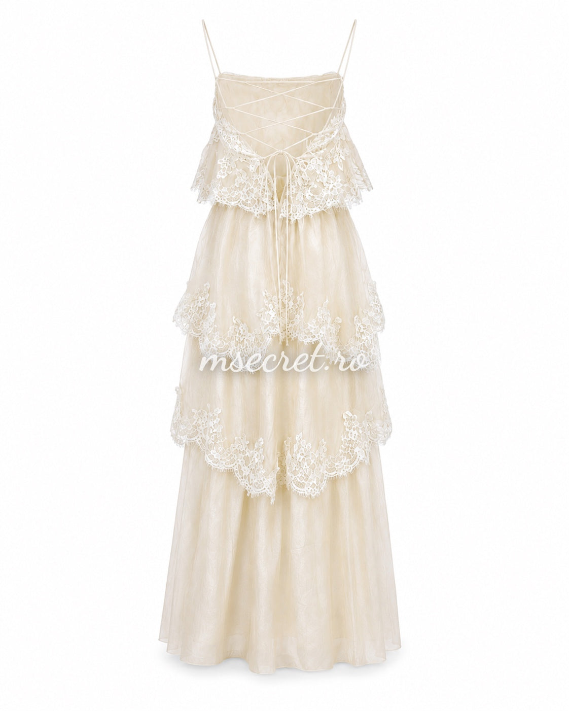 Long beige dress with ruffles and romantic lace