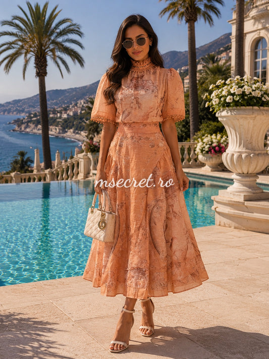 Compleu din in somon cu print delicat si fusta midi