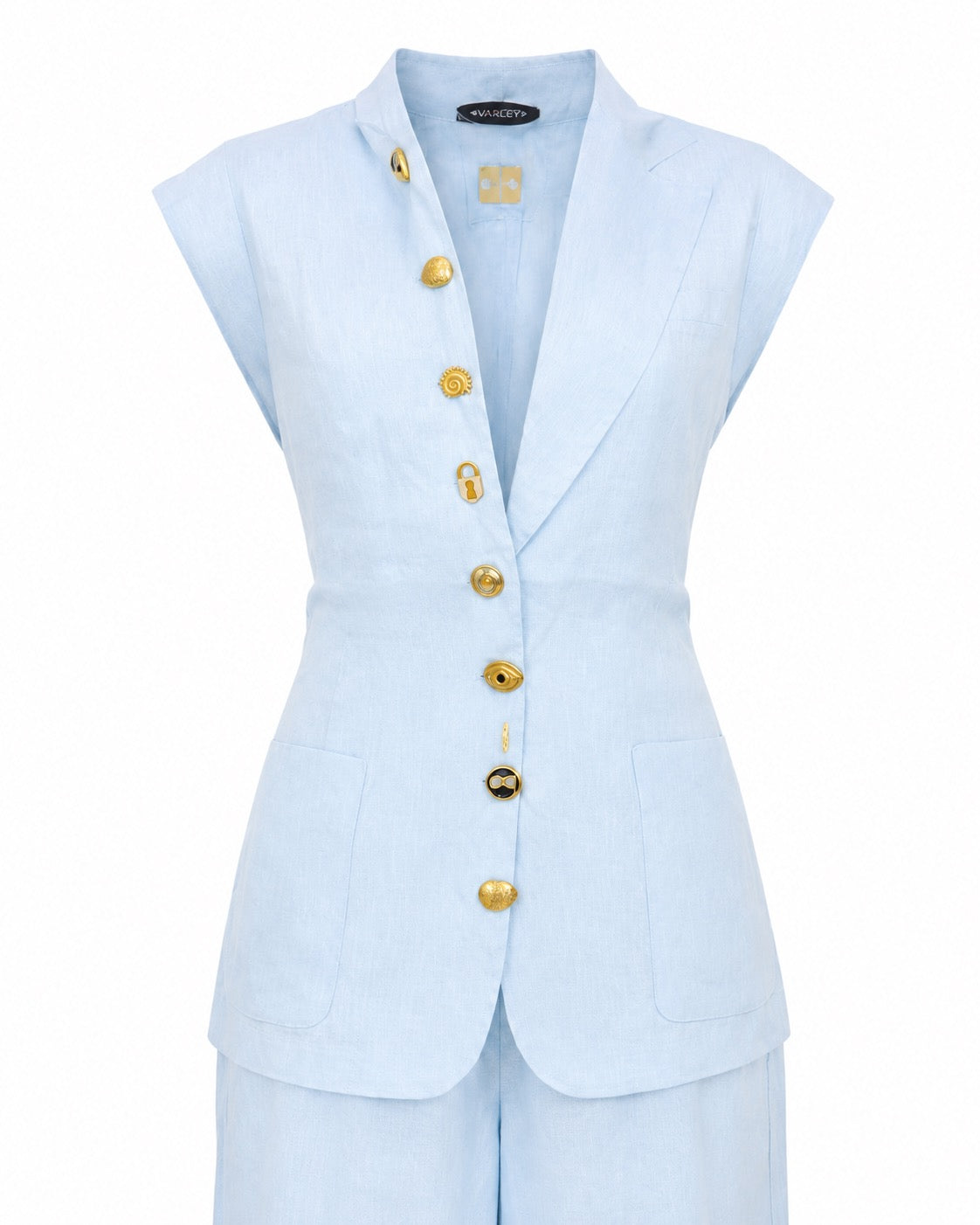 Compleu din in bleu cu vesta fara maneci si pantaloni palazzo