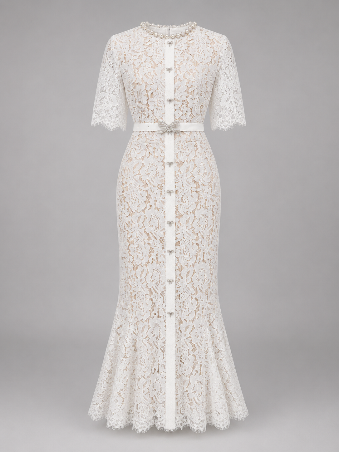 White lace dress with pearl details