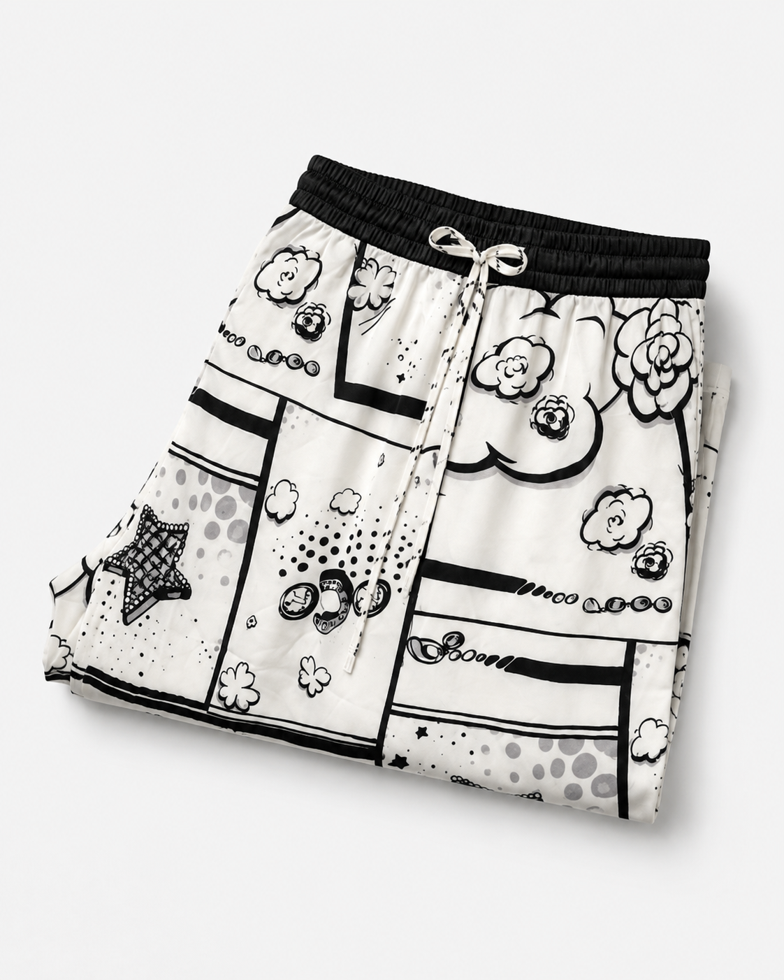 Pantaloni albi lungi din satin cu imprimeu grafic