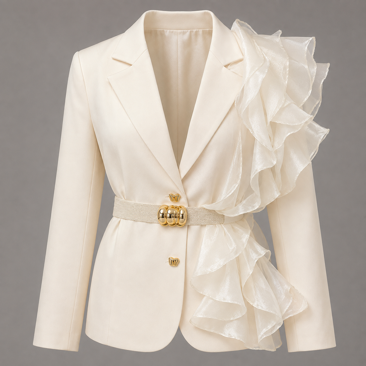 Costum elegant crem cu sacou cu volane