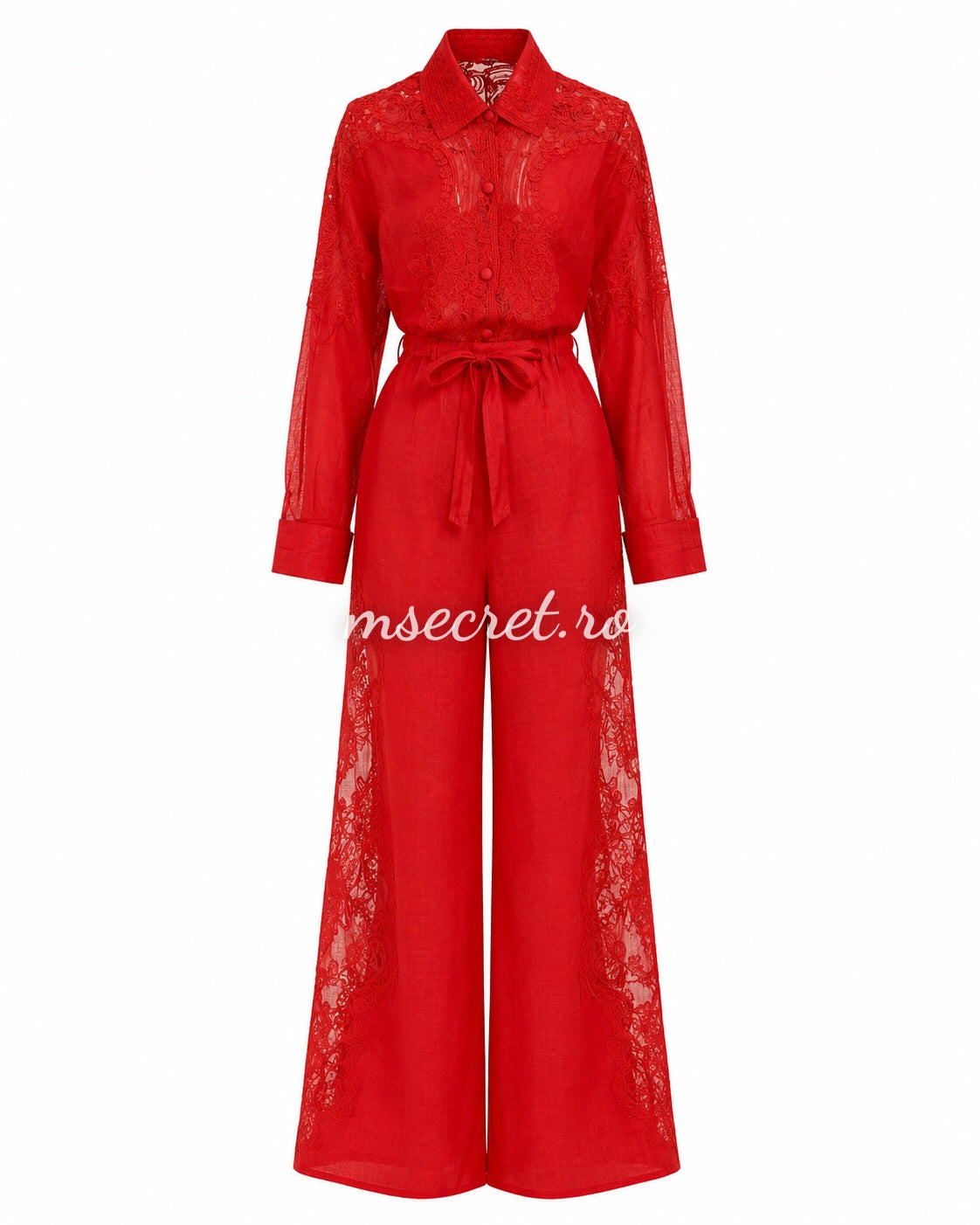 Compleu elegant rosu din in cu broderie florală – camasa vaporoasă și pantaloni largi