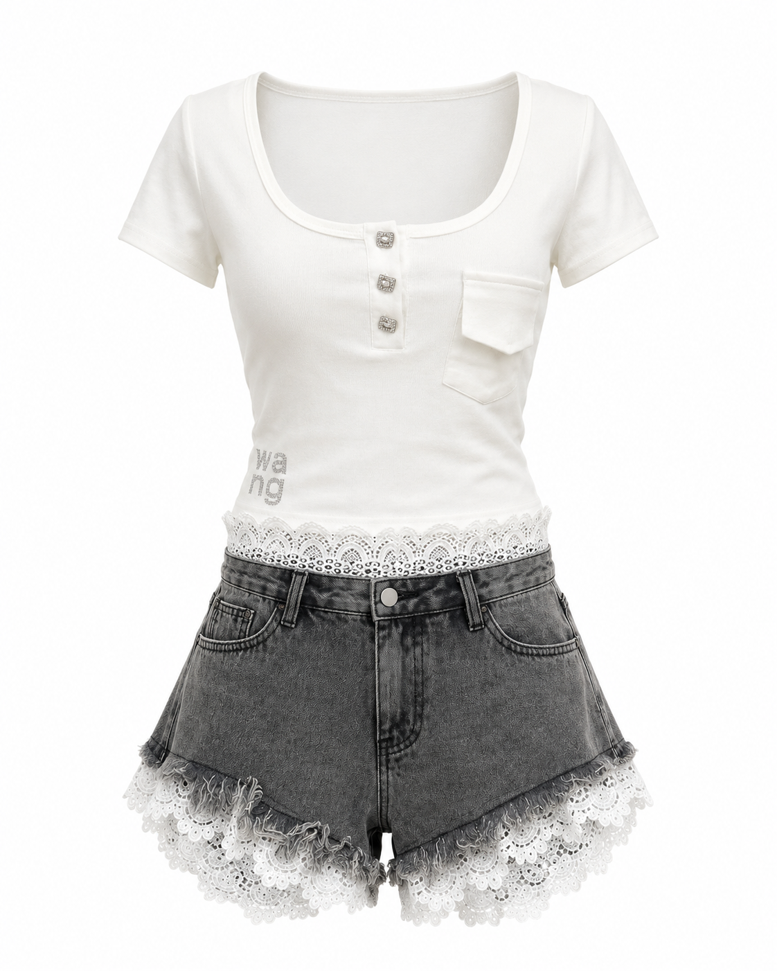 Pantaloni scurti gri din denim cu dantela alba