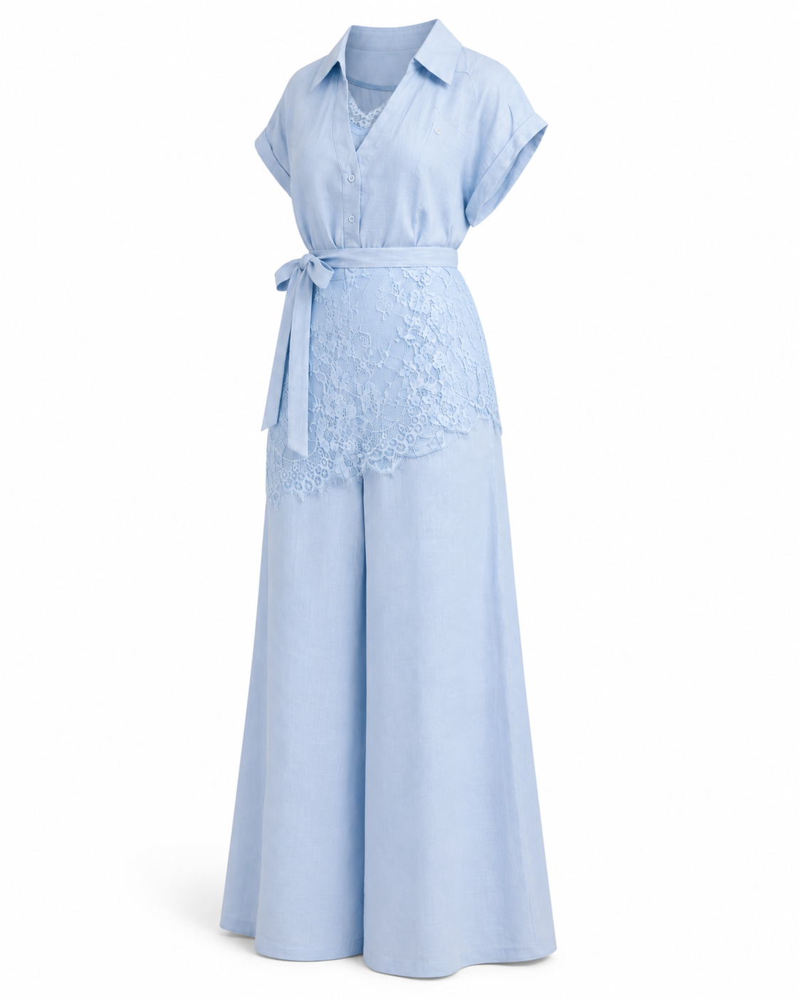 Compleu blue din in cu pantaloni largi, top fara maneci si dantela