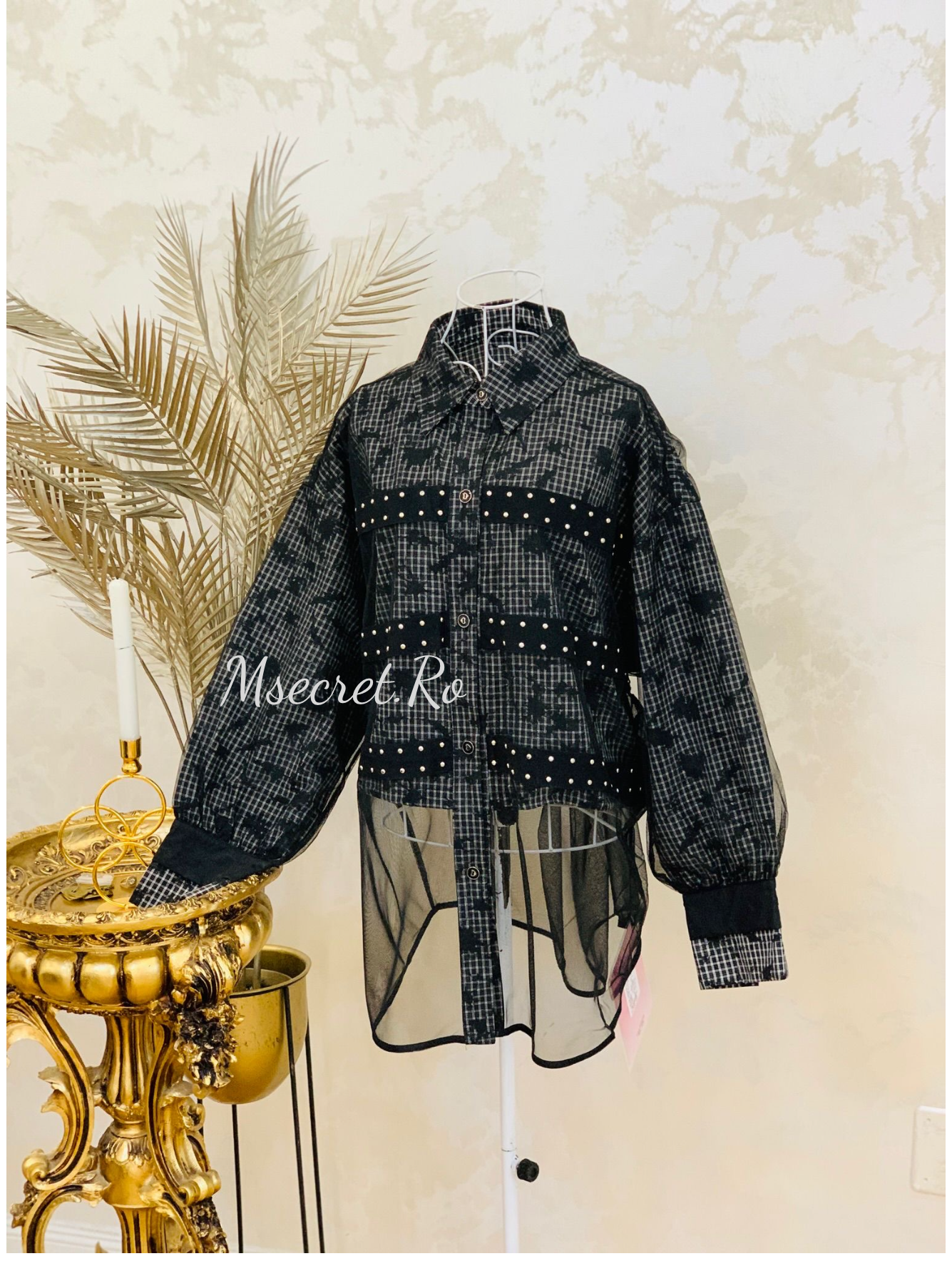 Camasa neagra statement cu tulle si aplicatii metalice