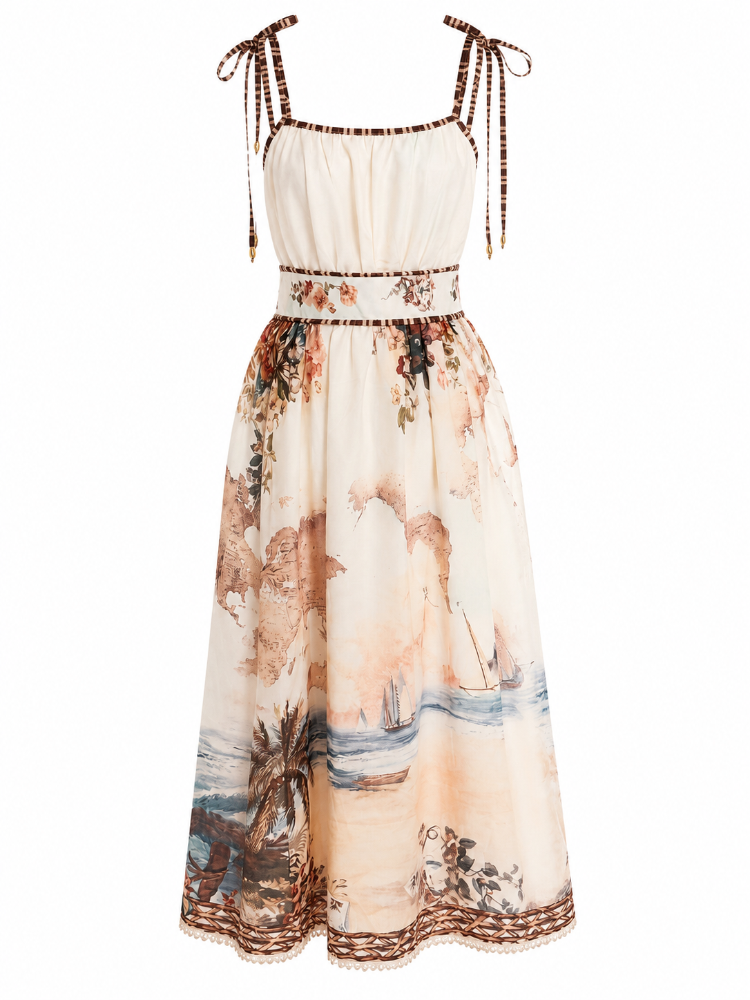 Rochie din in midi cu imprimeu tropical si bretele reglabile