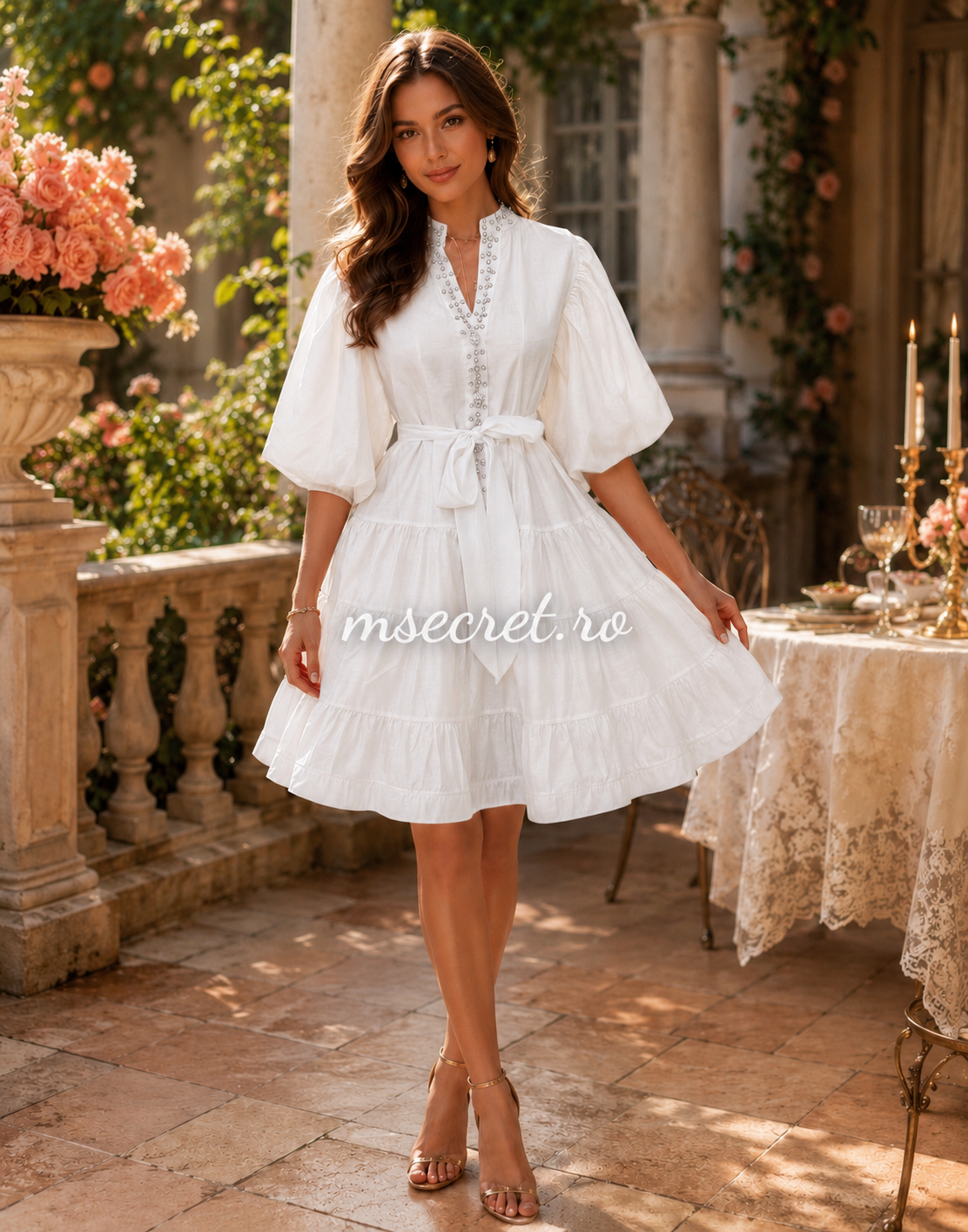 White linen and silk dress with adjustable waist