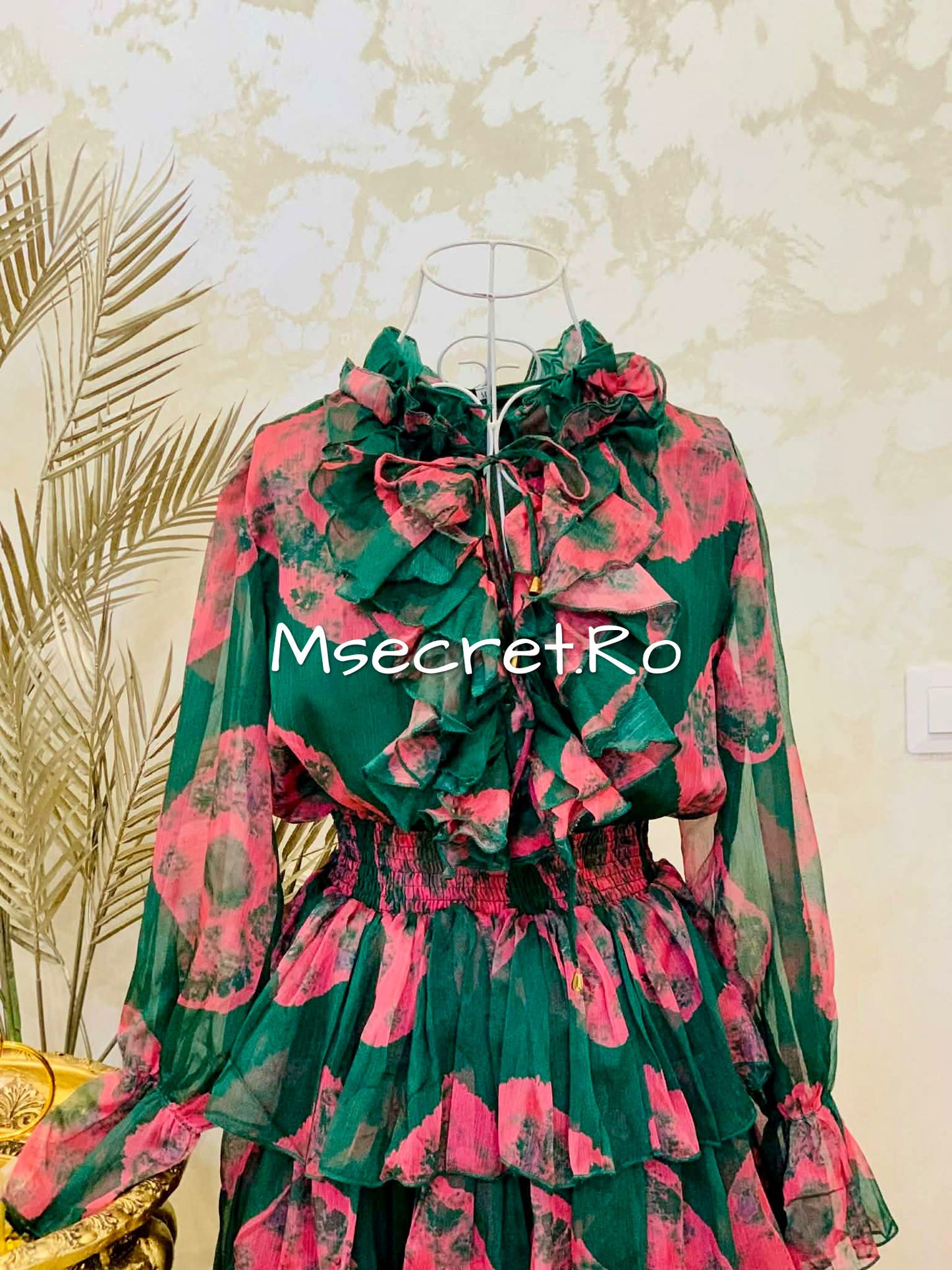 Pink and green midi dress with ruffles