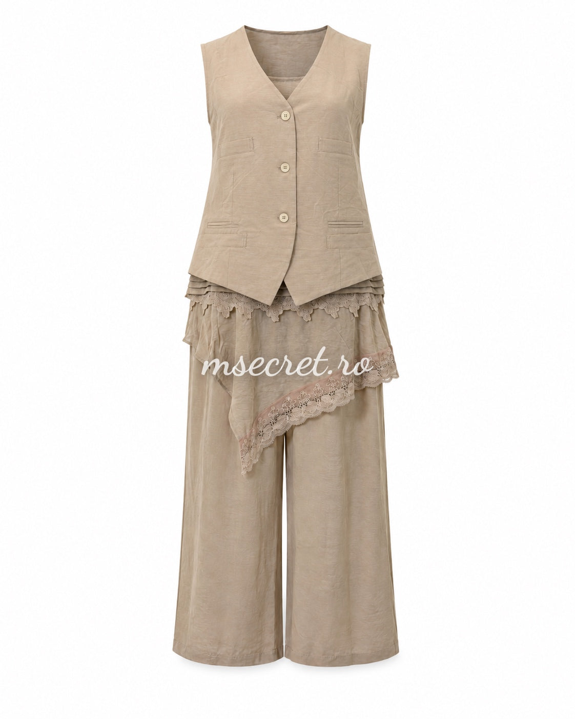 Beige set with crocheted lace vest and wide-leg pants
