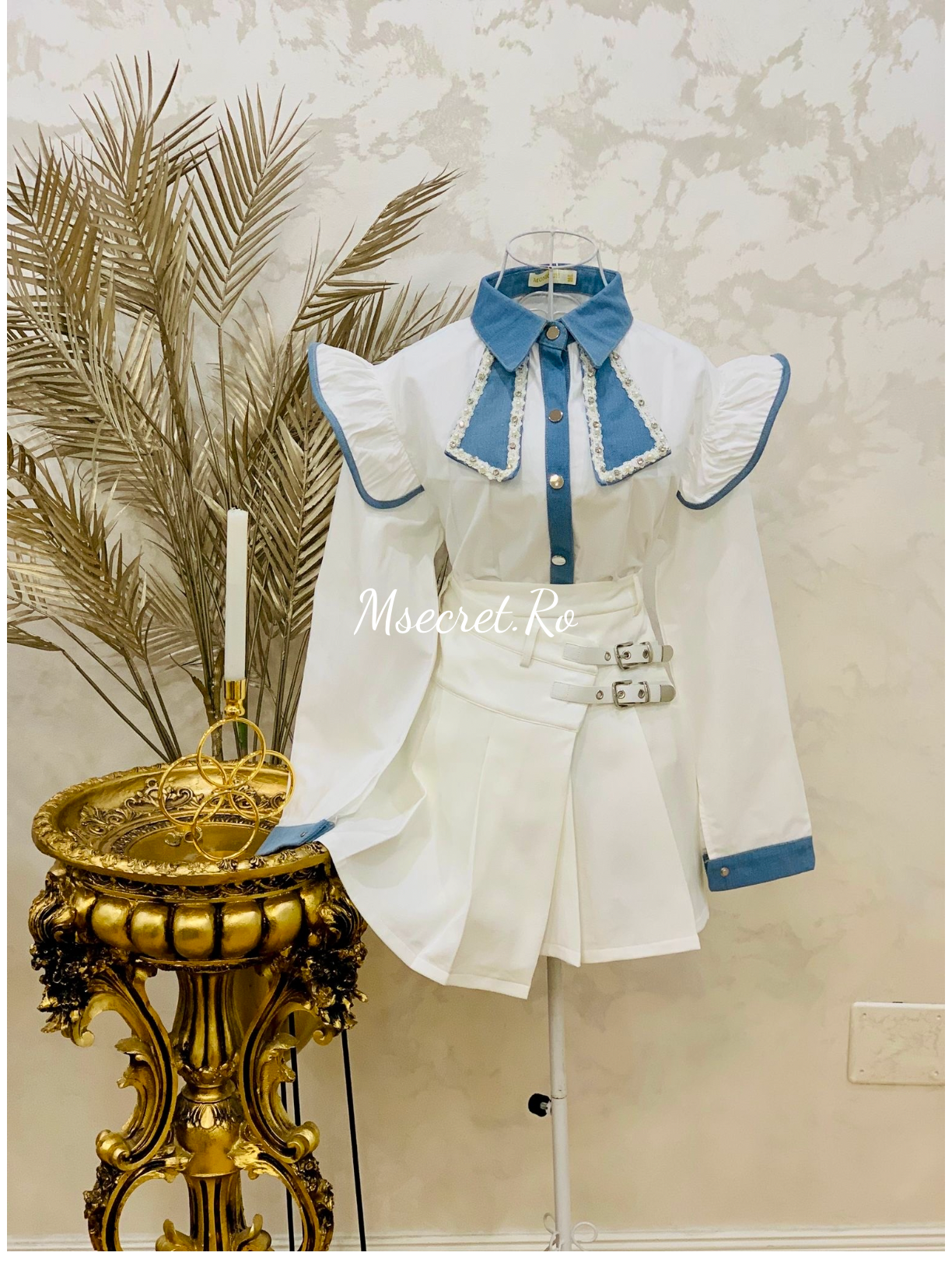 Camasa din bumbac cu maneca lunga cu pietre si denim