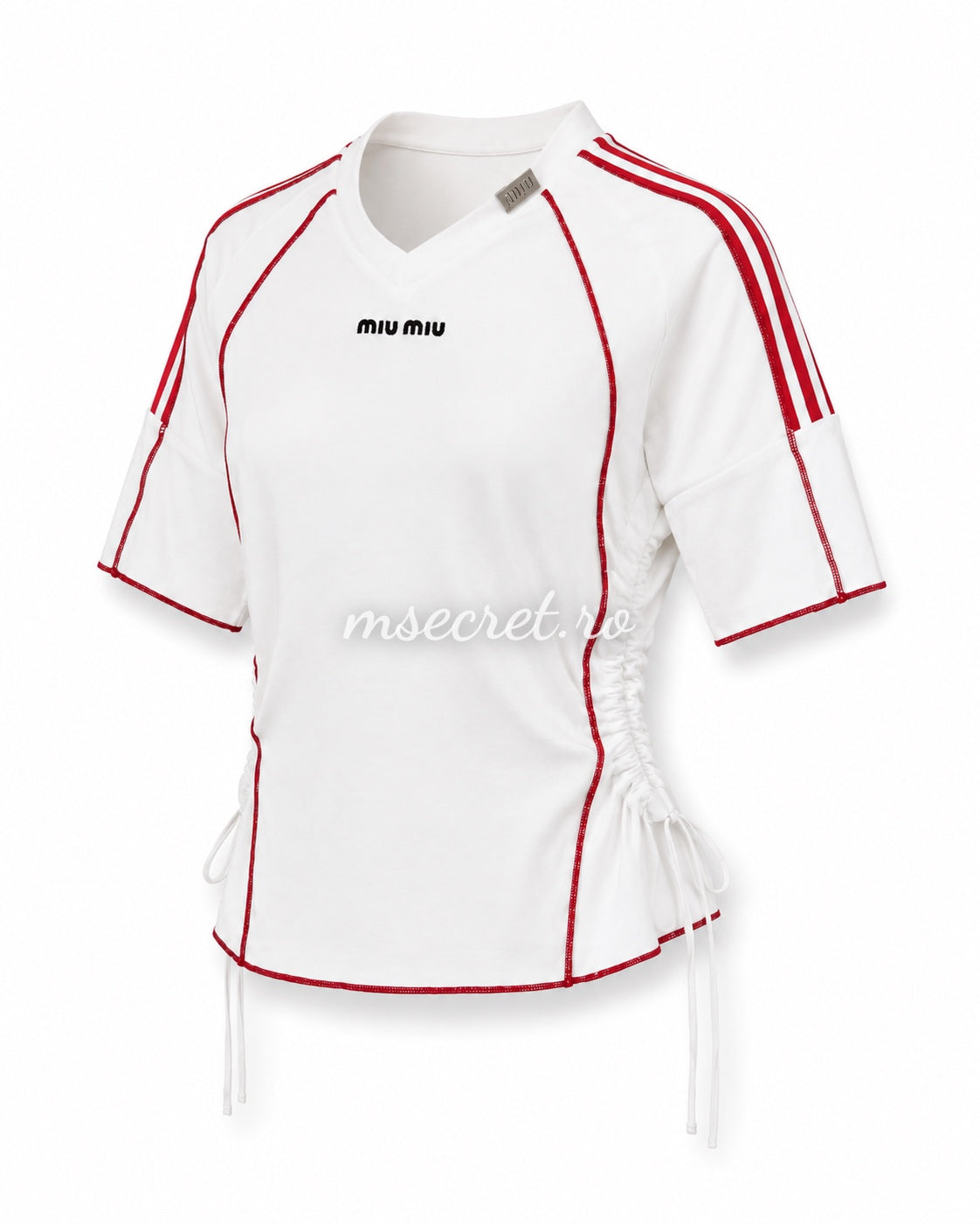 Tricou din bumbac alb cu detalii rosii si snururi laterale