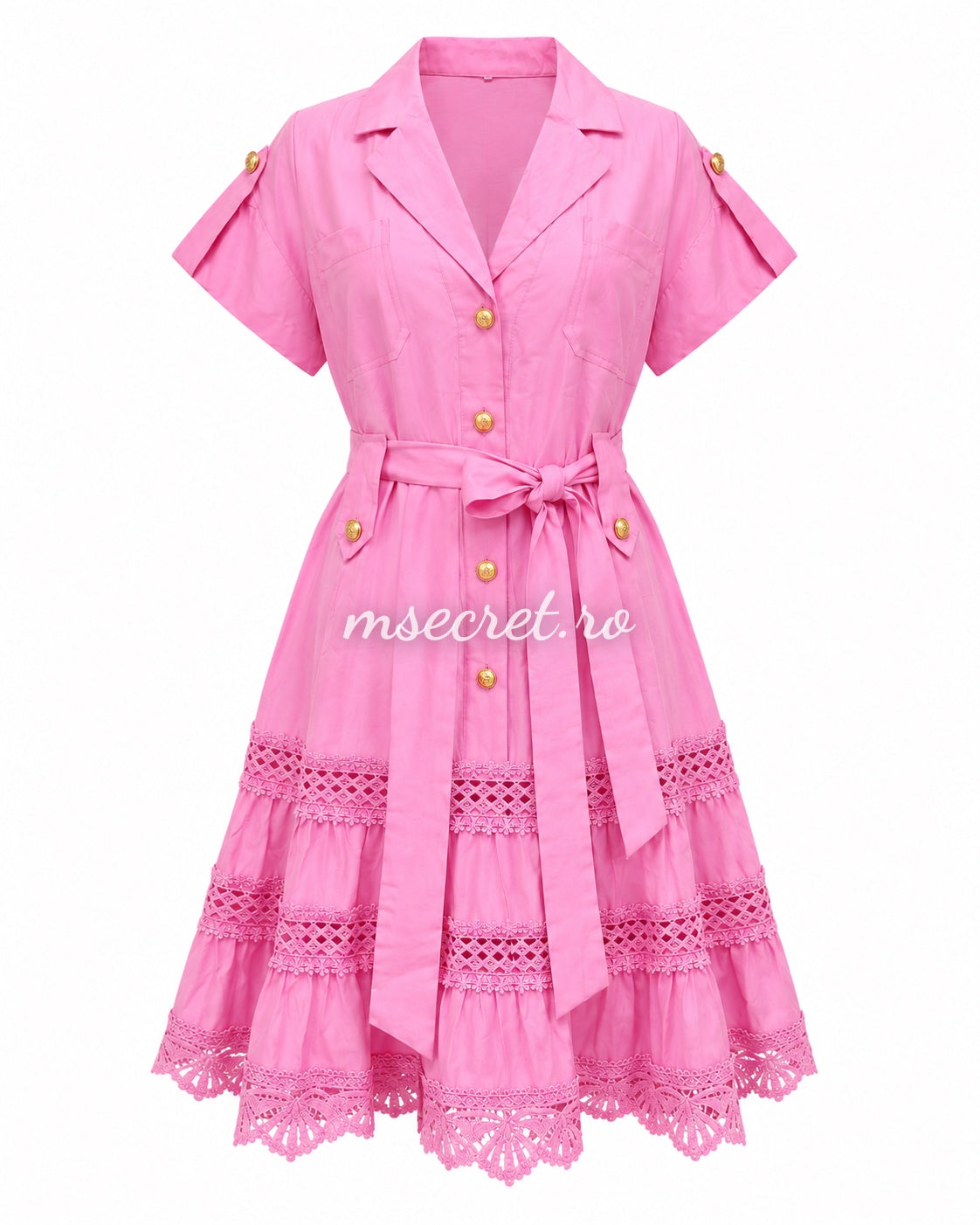 Rochie camasa roz cu cordon in talie si insertii din dantela