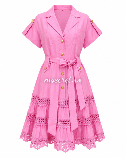 Rochie camasa roz cu cordon in talie si insertii din dantela