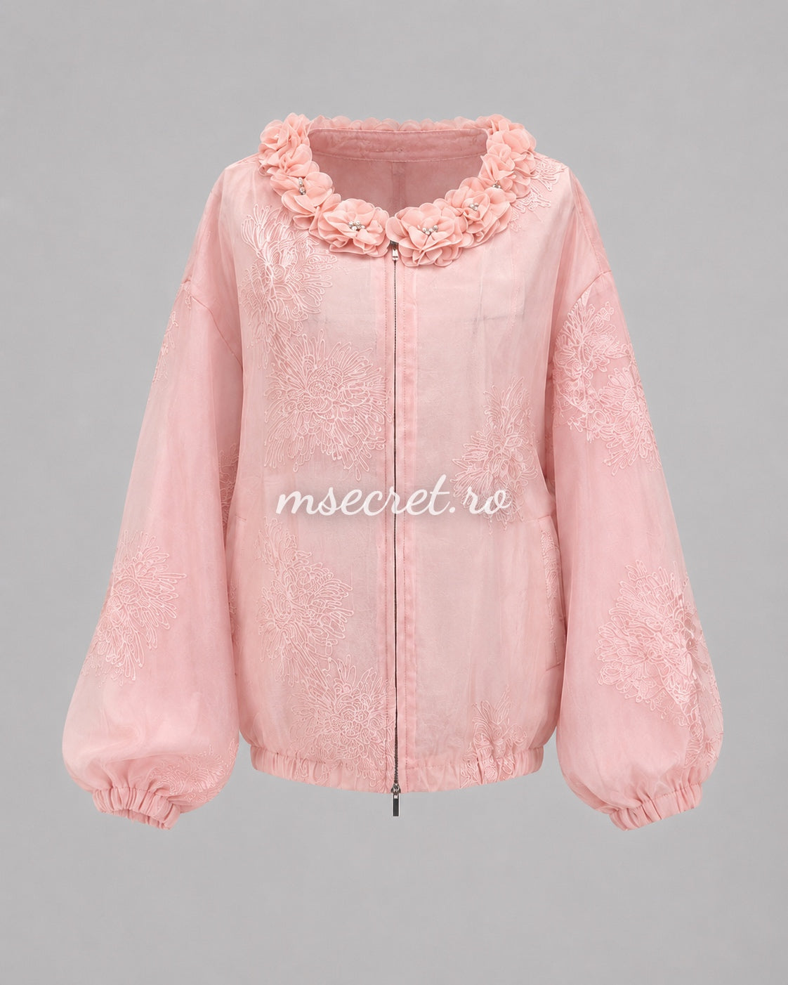 Pink jacket with 3D flowers and pearls
