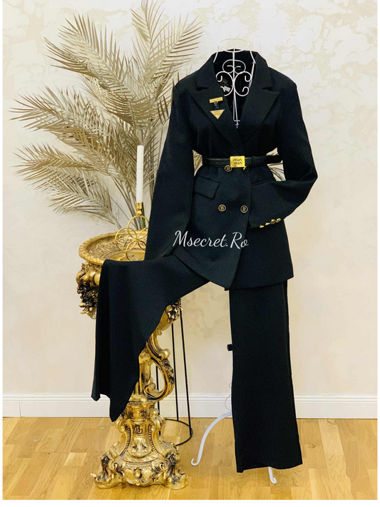 Costum negru office cu sacou și pantaloni drepti