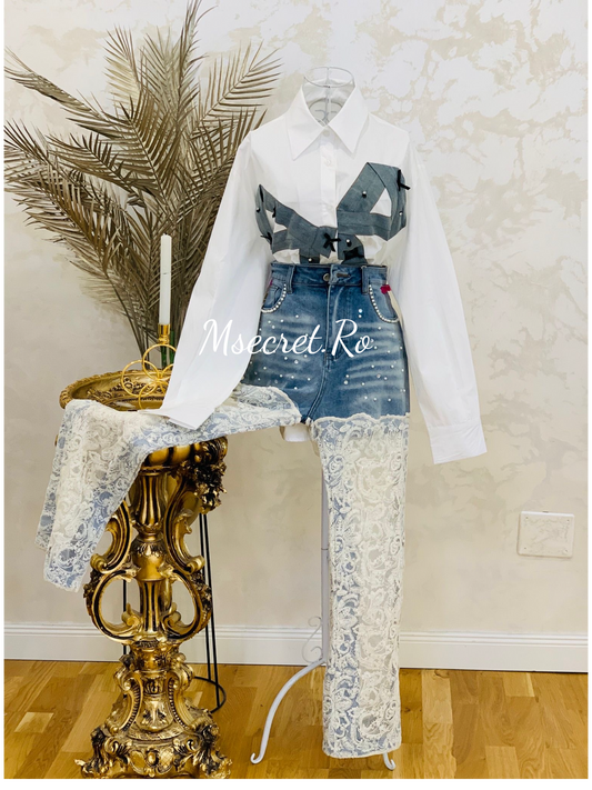 Camasa alba din bumbac cu denim
