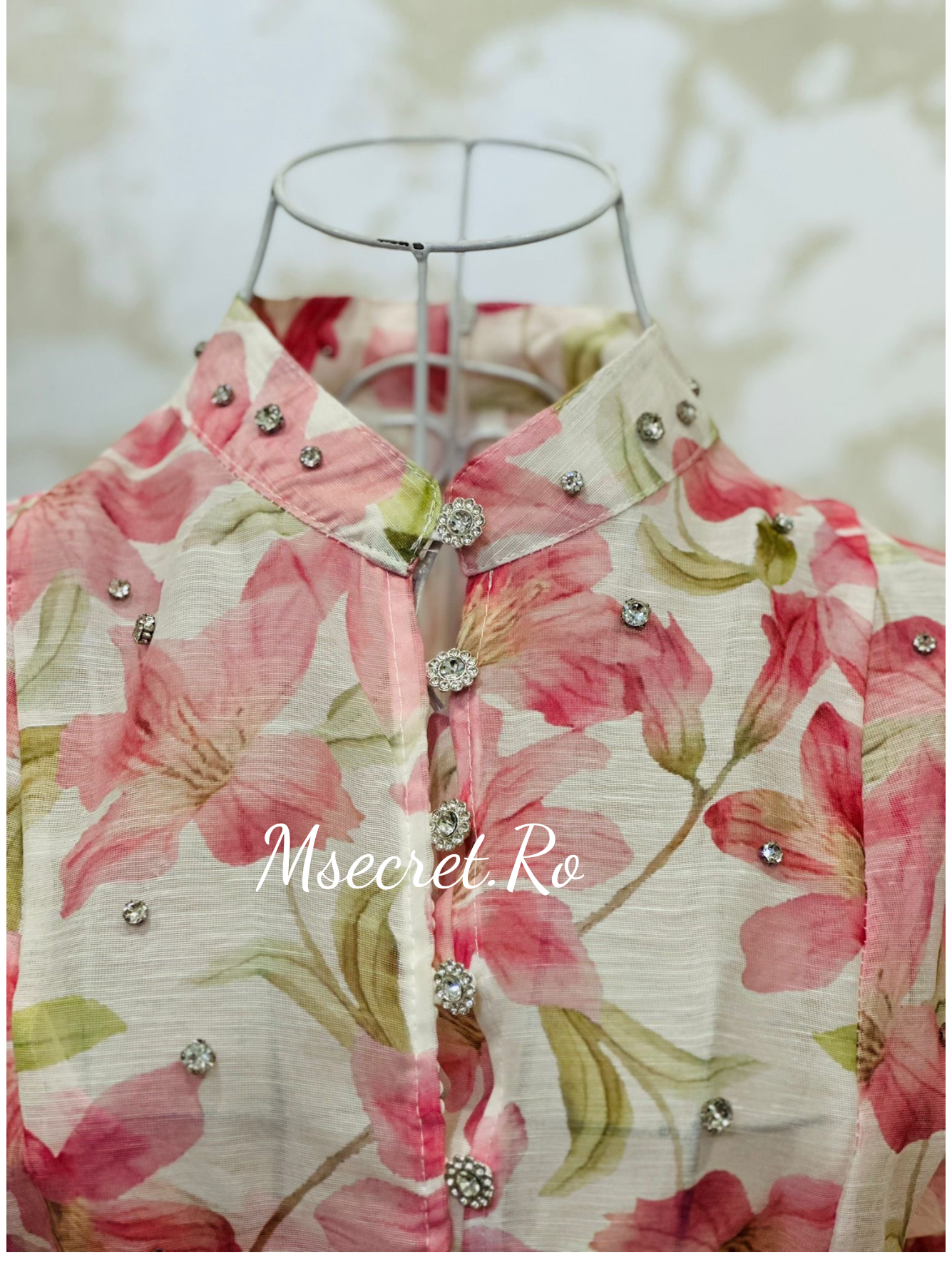 Rochie maxi din in cu imprimeu floral roz