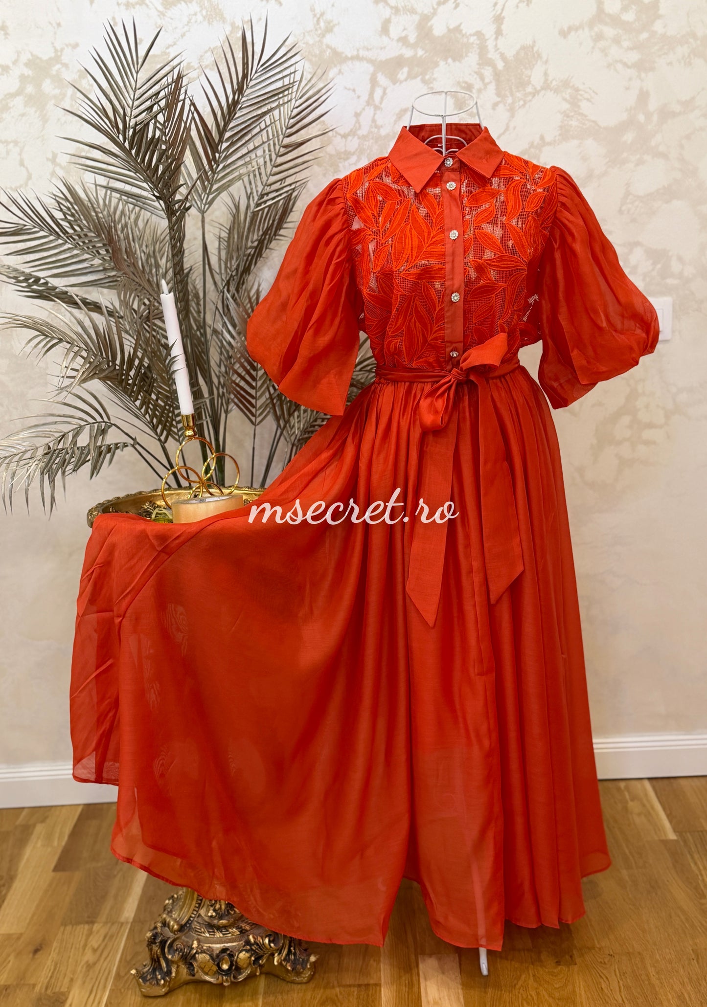 Elegant red chiffon dress with floral embroidery and puff sleeves