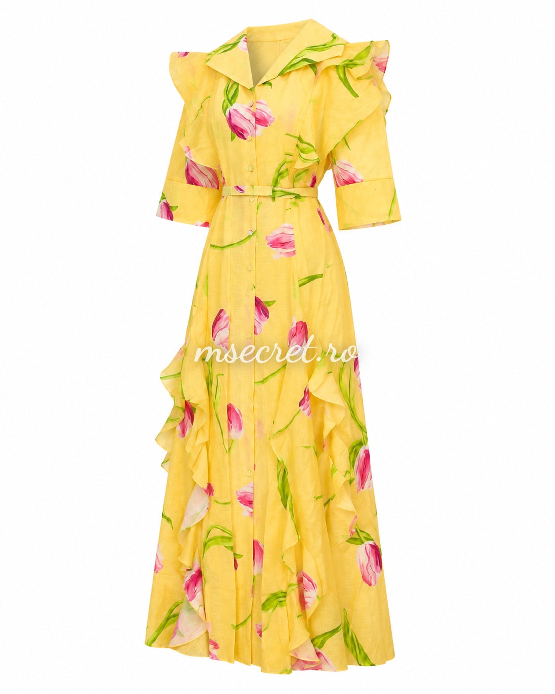 Rochie din in galbena cu print floral si volane