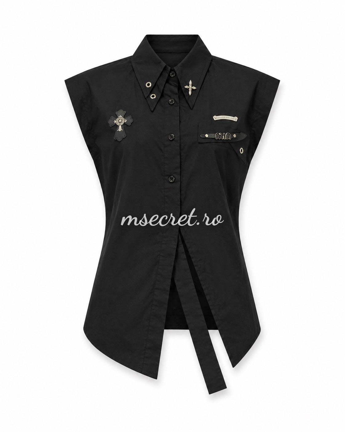 Camasa neagra din bumbac fara maneci cu aplicatii decorative