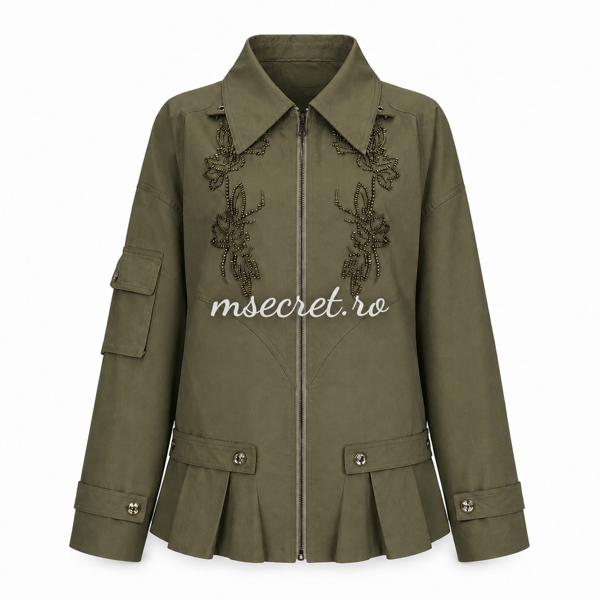 Jacheta olive din tercot cu broderie si peplum