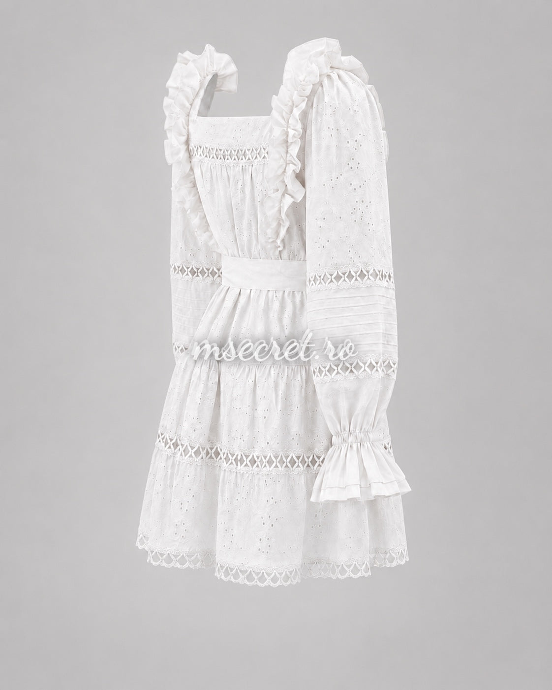 White linen and cotton dress with embroidery and ruffles